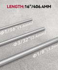 ER308L Stainless Steel TIG Welding Rod 1 16th Inch Diameter 16 Inch Length 5 Pound Pack For TIG Welding With 100 Percent Argon Shielding Gas Low Carbon Alloy Delivers Smooth Welds And Strong Corrosion Resistance, shown in three diameters on textured gray background.
