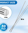 ER308L Stainless Steel TIG Welding Rods 1 Sixteenth Inch by 16 Inch, 30 Piece Pack, shown with measurement details.