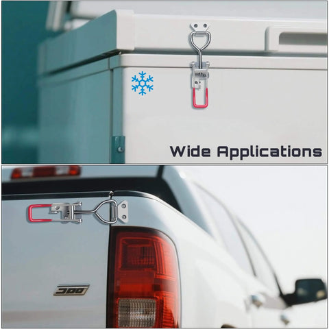 Heavy duty 304 stainless steel toggle clamp latch with 1320 lb holding capacity on cooler and truck for secure closures.
