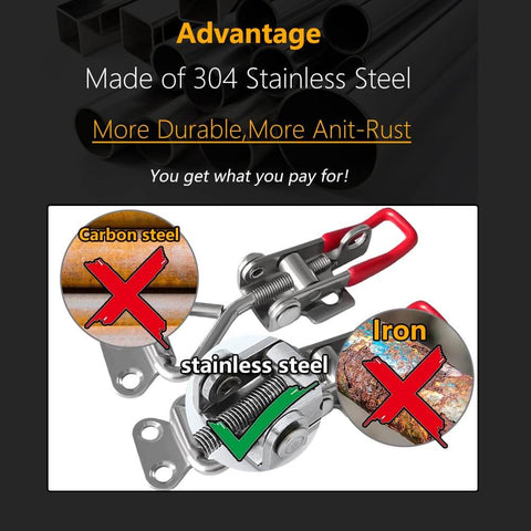 Steel toggle latch clamp highlighting corrosion resistance compared to carbon steel and iron, with text on advantages.