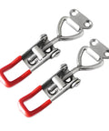 Image of 2 Pack Toggle Latch Clamp 4001 Adjustable 304 Stainless Steel Pull Hasp Latches with red handles for secure latching.