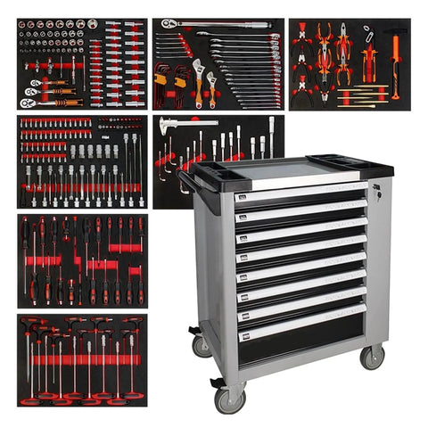 421 Pcs Tool Sets Rolling Box Heavy Duty Stainless Steel Tool Chest 7 Drawers Tool Cabinet Cart Trolley with tools displayed
