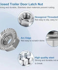 Hexagonal threaded stainless steel nut close-up, showcasing arc edge, high-quality steel material, and features in blue text overlay.