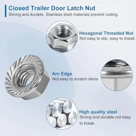 Hexagonal threaded stainless steel nut close-up, showcasing arc edge, high-quality steel material, and features in blue text overlay.