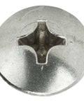 Close-up of No 12 1.5 Inch Truss Head Self-Tapping Sheet Metal Screw, Phillips drive, stainless steel, 18-8 bright finish