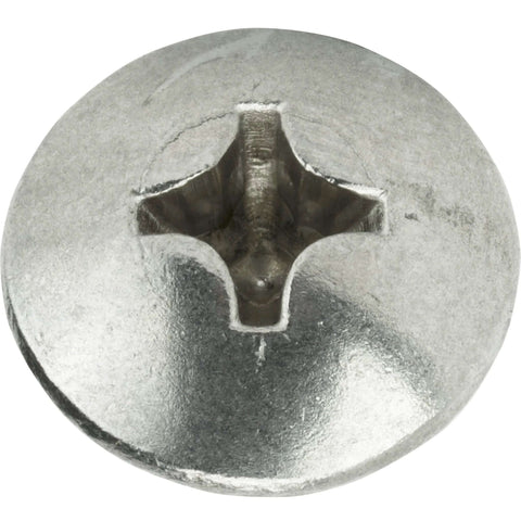 Close-up of No 12 1.5 Inch Truss Head Self-Tapping Sheet Metal Screw, Phillips drive, stainless steel, 18-8 bright finish