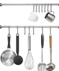 Kitchen Utensil Rack 2 Pack, 15.6 Inch Pots and Pans Hanging Rack Wall Mounted with 7 Sliding Hooks holding kitchen items.