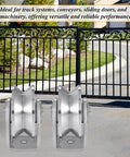2pcs V Groove Wheel Stainless Steel Heavy Duty Wire Rope Pulley Block Sliding Gate Rollers in front of a fence gate