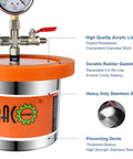 Front view of BACOENG 1.2-quart stainless steel vacuum chamber kit with orange acrylic lid and gauge/valve assembly