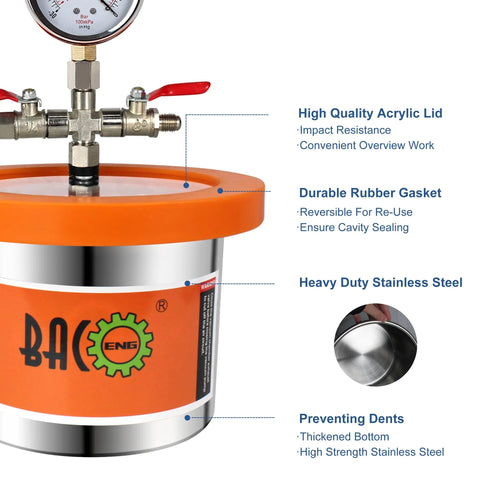 Front view of BACOENG 1.2-quart stainless steel vacuum chamber kit with orange acrylic lid and gauge/valve assembly