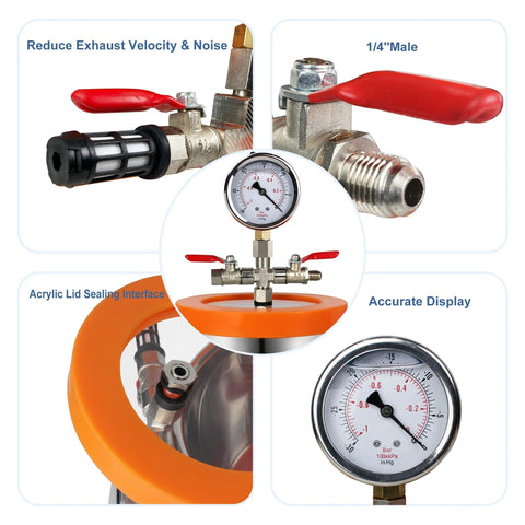 1.2 Quart Stainless Steel Vacuum Chamber Kit For Resin Degassing And Epoxy Casting With Acrylic Lid, focus on gauge and valve details