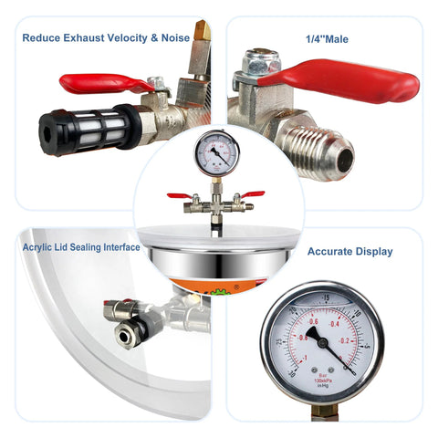 1.5 Gallon Stainless Steel Vacuum Chamber Kit For Resin And Epoxy Degassing With Acrylic Lid And Silicone Gasket, gauge and valves