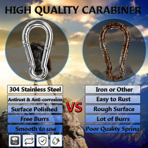 Comparison of Heavy Duty 304 Stainless Steel Spring Snap Hooks Set Of Six Four Inch Large Clips and iron carabiner.