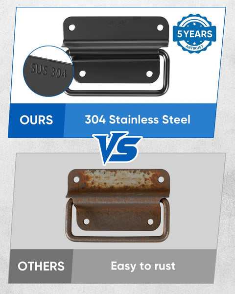 Comparison of 304 Stainless Steel Pull Handle vs Rusty Handle, highlighting durability for outdoor use, garages, marine environments.