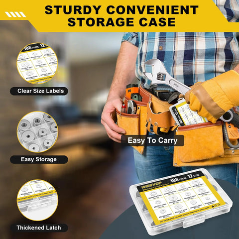 Person holding 304 Stainless Flat And Fender Washers Set 108 Pcs 12 Sizes M3 To M12 with clear size labels and storage case.