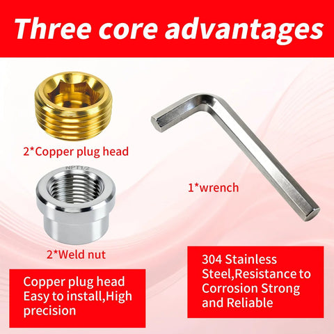 Three Eighths Inch NPT Stainless Steel 304 Female Weld Bung Mounting Fitting kit items including copper plugs, weld nuts, and wrench.
