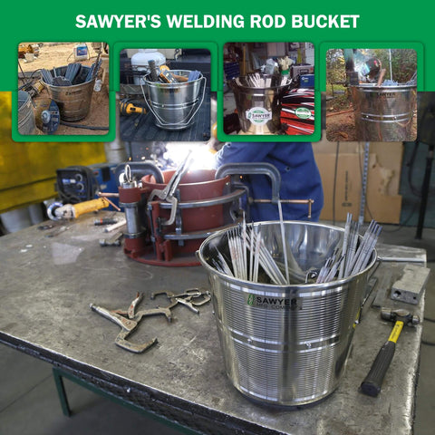 Stainless Steel Welding Rod Bucket With Partitioned Storage For Electrodes And Stubs on workbench
