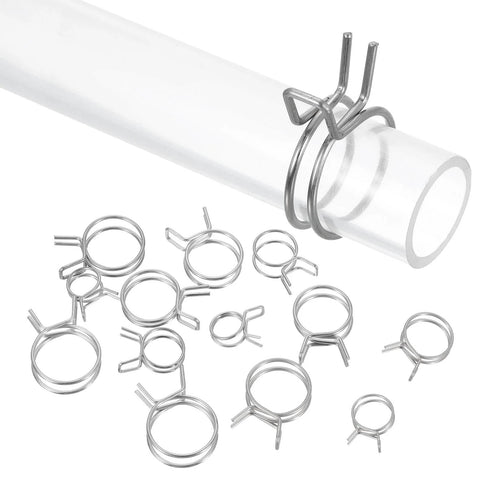 Stainless steel double wire spring hose clamps kit, 20 pieces, 19 mm inner diameter opens to 21 mm shown securing a transparent tube.