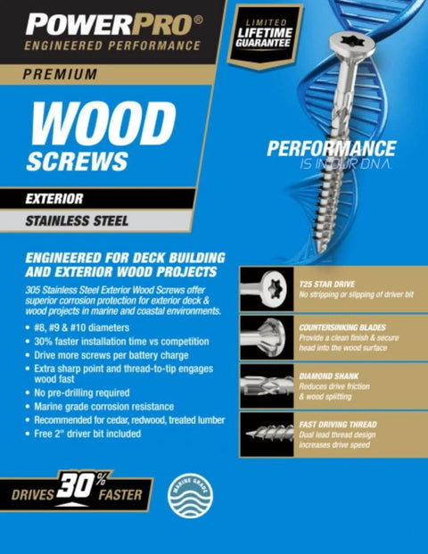 #8 x 1-1/4 Stainless Steel Wood Screws, Premium Marine Grade 305 Exterior Screws packaging features key benefits and T20 Star Drive Bit.