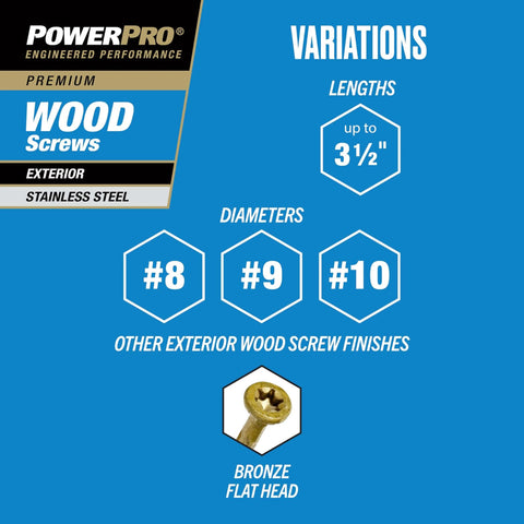 #8 x 1-1/4 Stainless Steel Wood Screws, Premium Marine Grade 305 Exterior Screws for Decking and Outdoor Wood Projects, variations shown