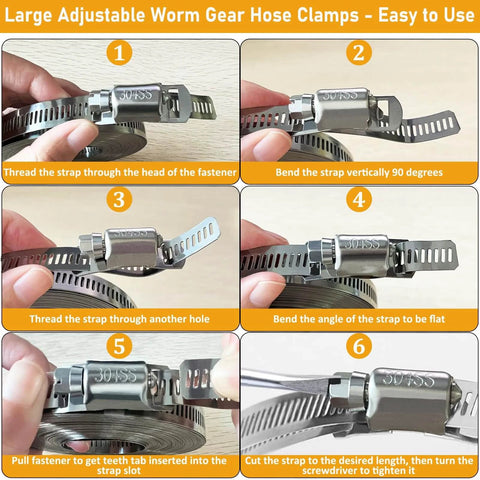 Stainless Steel Large Worm Gear Hose Clamps Kit With 32.81 Feet Adjustable Band And 20 Strong Fasteners For Plumbing Auto Tube Fuel Line Duct Pipe Clamp Assortment For Precise Do It Yourself Hose Repairs, demonstrated in a step-by-step guide for easy use.