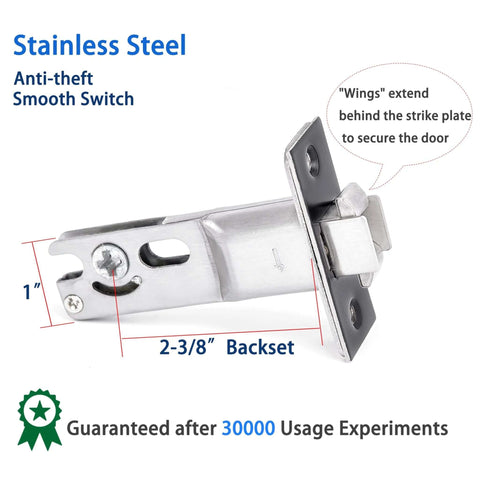Stainless steel 2-3/8 inch backset anti-theft smooth switch latch with wings securing to strike plate, 1 inch size.