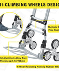 Close-up of 260 LBS Stair Climbing Cart with tri-climbing wheels, steel pipe skeleton, and solid aluminum alloy frame.