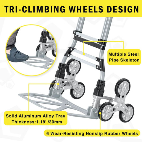 Close-up of 260 LBS Stair Climbing Cart with tri-climbing wheels, steel pipe skeleton, and solid aluminum alloy frame.