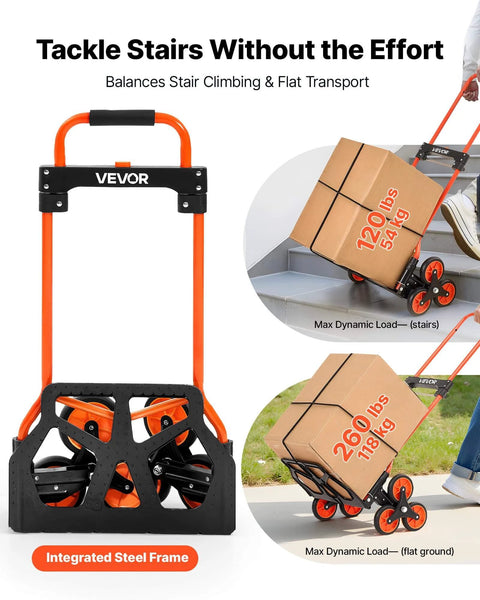 Image showing a Stair Climbing Cart 260 LBS, Portable Folding Aluminum Trolley Dolly for Stairs with Telescoping Handle and 6 Mute Wheels in use.
