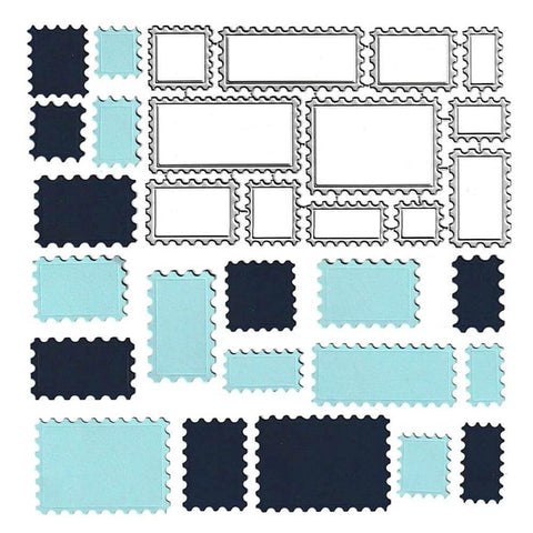 12 Pack Postage Stamp Banner Label Cutting Dies Set for Scrapbooking in blue and black carbon steel, various sizes displayed