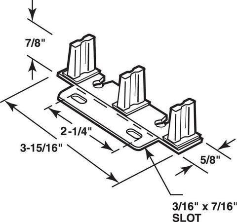 Diagram of Stamped Steel Adjustable Closet Door Floor Guide dimensions, including height, width, and slot measurements