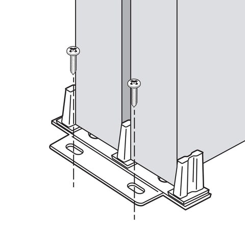 Illustration of Stamped Steel Adjustable Closet Door Floor Guide installation with screws and guides for door alignment, Single Pack