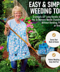 Woman holding Stand Up Weed Puller With Long 45 Inch Handle And Four Claw Steel Head Made From Real Bamboo Back And Knee Friendly