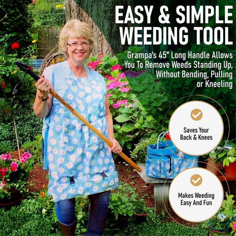 Woman holding Stand Up Weed Puller With Long 45 Inch Handle And Four Claw Steel Head Made From Real Bamboo Back And Knee Friendly