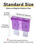 Image of a purple 3 Amp ATC ATO auto fuse with tin-plated zinc terminals, dimensions labeled, for cars, trucks, boats, RV electrical systems.