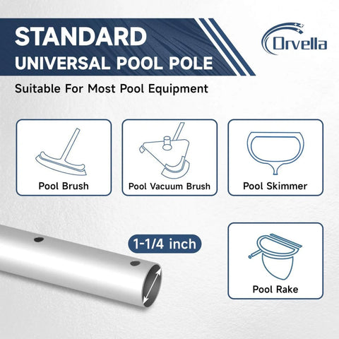 Standard universal pool pole with 1-1/4 inch diameter, fits pool brush, vacuum brush, skimmer, and rake for versatile cleaning.