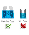 Comparison of standard and mini fuses for the 100 Piece Standard Auto Blade Fuse Kit With 3A 5A Seven Point Five Amp 10A 15A 20A 25A 30A 35A Color Coded Fuses Easy To Identify Car Truck RV Marine Boat Motorcycle Fuse Assortment For All Automotive Projects.