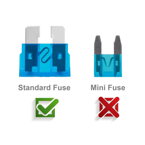 Comparison of standard and mini fuses for the 100 Piece Standard Auto Blade Fuse Kit With 3A 5A Seven Point Five Amp 10A 15A 20A 25A 30A 35A Color Coded Fuses Easy To Identify Car Truck RV Marine Boat Motorcycle Fuse Assortment For All Automotive Projects.