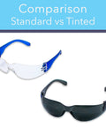 Comparison of standard and tinted safety glasses, highlighting Tinted Safety Glasses For Men And Women 24 Pack ANSI Z87 Plus UV Protection.