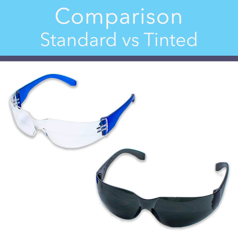 Comparison of standard clear glasses and Tinted Safety Glasses For Men And Women 24 Pack ANSI Z87 Plus UV Protection.