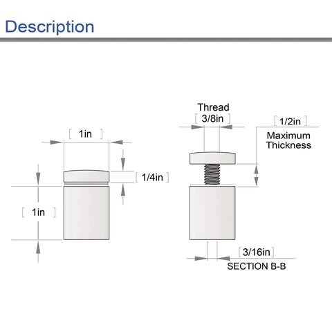 Diagram of 20 Pack Standoff Screws 1 Inch Diameter And 1 Inch Length Stainless Steel With Brushed Nickel Finish showing dimensions.