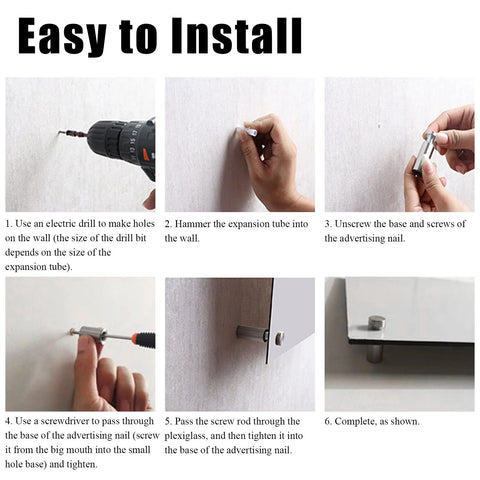 Installation steps for 12 Pack Stainless Steel 1 Inch By 2 Inch Wall Sign Standoff Screws For Acrylic Wood Glass Plexiglass Displays.