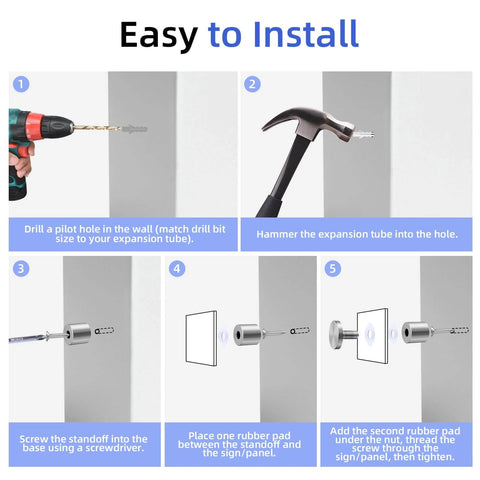 Diagram showing installation of Stainless Steel Standoff Screws 1 Inch Diameter 1 Inch Barrel Length 20 Pack With 80 Mounting Accessories.