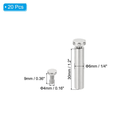 20 Pcs One Quarter Inch Sign Standoff Screws, 30mm Stainless Steel Nickel Plated Wall Mounting Hardware dimensions diagram