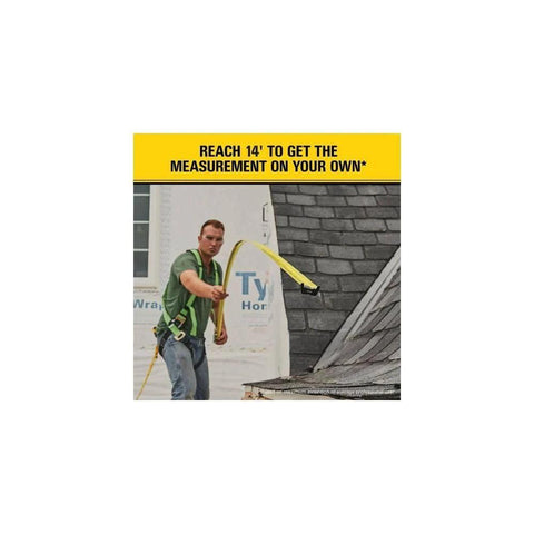 Worker using Heavy Duty Tape Measure, 25-Foot (33-725) on roof showing 14 ft reach