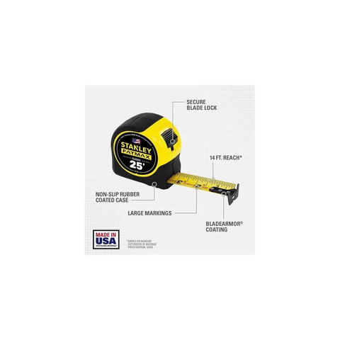 Heavy Duty Tape Measure, 25-Foot (33-725) with BladeArmor, Stanley FatMax, yellow and black case, 14 ft reach, secure blade lock