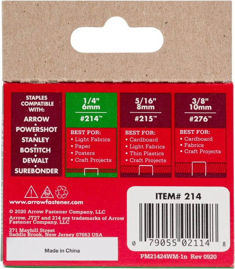 Back view of packaging for Thin Wire Staples For Upholstery And Crafts Staplers One Quarter Inch Leg And Seven Sixteenth Inch Crown Grey 1000 Pack.