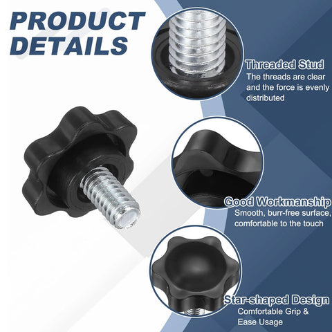 Close-up of Ten Pack Of Star Knobs With One Quarter Inch Twenty Thread, 0.6 Inch Threaded Stud Plastic Hand Tightening Replacement Knobs