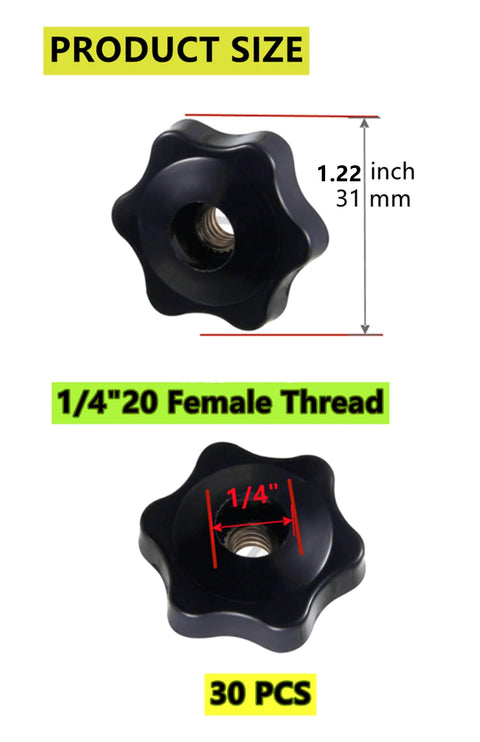 Image of 30 Pcs 1/4-20 Star Knobs for T Track Hex Star Thread Nut Set with product dimensions and female thread detail.