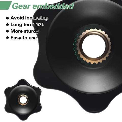 Close-up of a black star knob with brass insert, 12 Pack 1/4-20 Star Knobs With Brass Insert Hex Head Thru Clamping Knobs 6 Star Design.